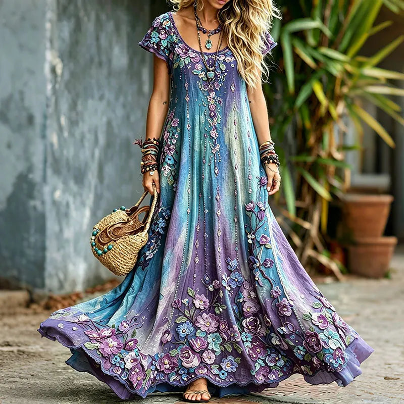 Women's Vintage Romantic Floral Art Linen Blend Round Neck Maxi Dress