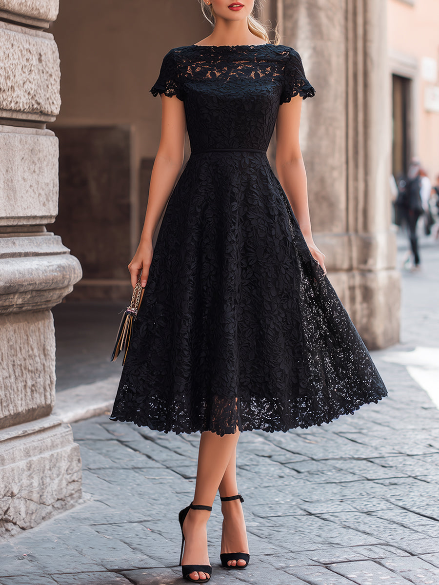 Elegant Floral Lace Boat Neck A-Line Midi Dress