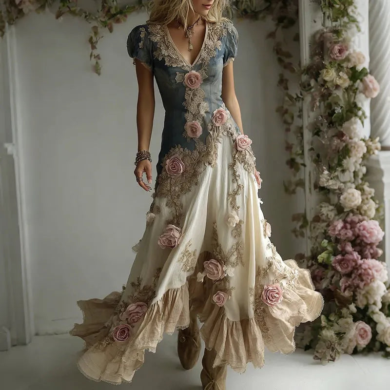 Women's Bohemian Pink Rose Patchwork Art V-neck Short Sleeve Maxi Dress