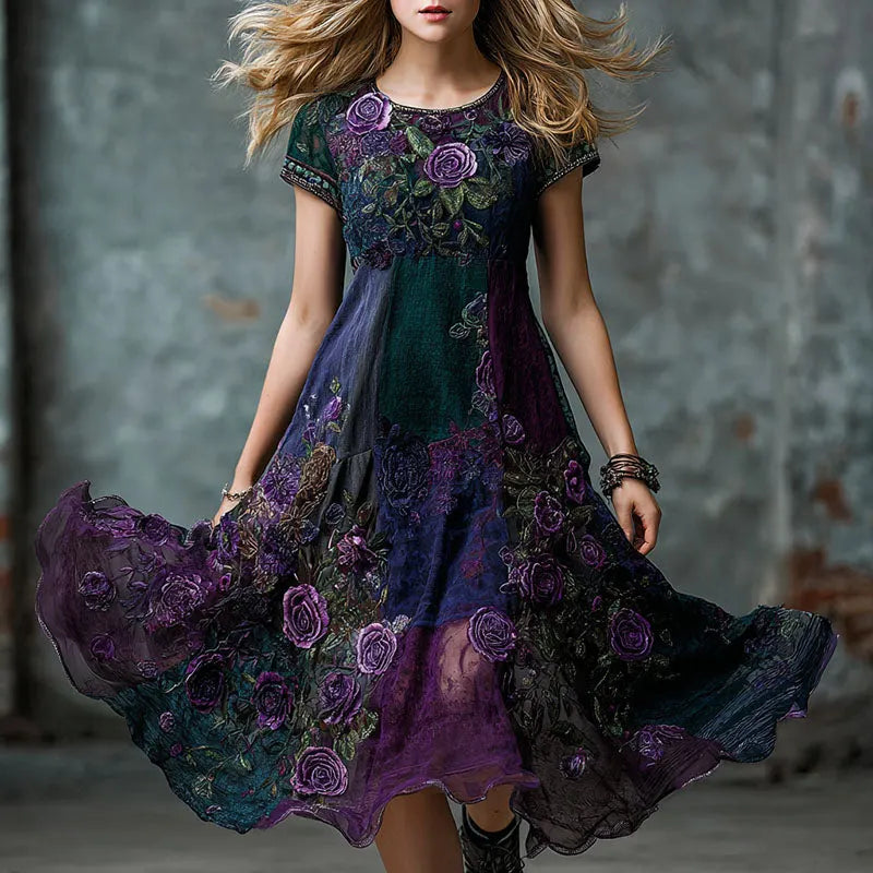 Women's Vintage Floral Art Color Blocking Short Sleeve Linen Maxi Dress