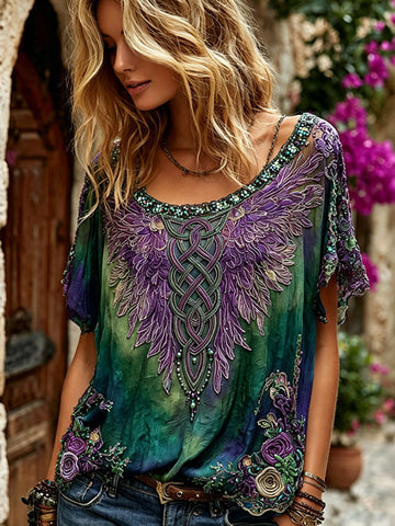 Women's Romantic Floral And Wings Art Linen Blend Round Neck Short Sleeve Tops