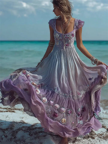 Boho Lavender Floral Dyed Flowy Linen Maxi Dress