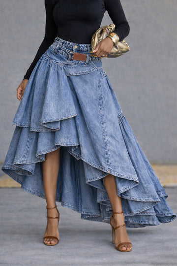 Light Blue Denim Asymmetrical Ruffle Maxi Skirt