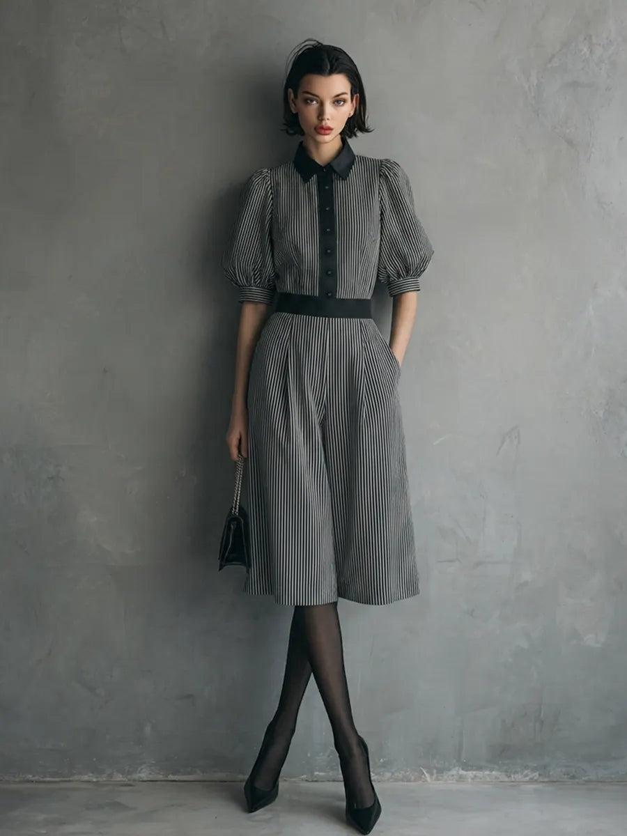 Women's Vintage Black & Gray Cotton-Blend Striped Color-Blocked Collared Waisted Culotte Jumpsuit MDZ2128D6GMJ