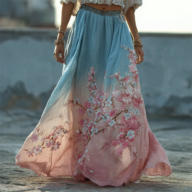 Japanese Cherry Blossom Gradient Flowy Wide Skirt
