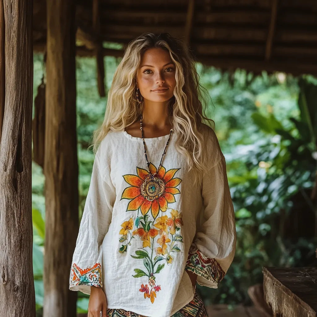 Bohemian Resort Vintage Linen Print Casual Long Sleeve Top