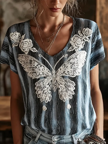 Butterfly Flower Embroidery Patchwork Striped Design Women's Summer Linen T-shirt