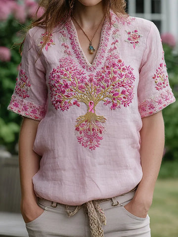 Women's Tree Of Life Breast Cancer Ribbon T-shirt