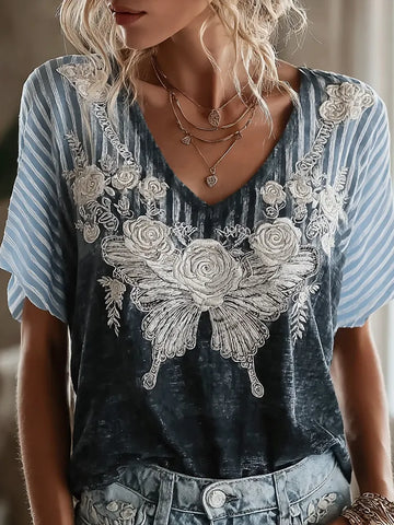 Butterfly Flower Embroidery Patchwork Striped Design Women's Summer Linen T-shirt