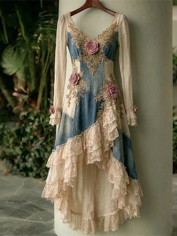 Women's Spring Elegant Flowers Patchwork V Neck Irregular Ruffle Midi Dress