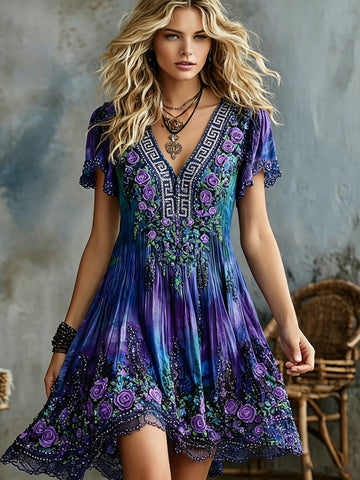 Women's Vintage Floral Embroidery Art Cotton Linen V-neck Dress