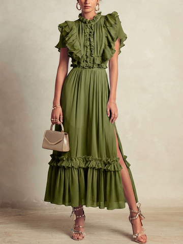 Women's Romantic Olive Green Chiffon Ruffled Short-Sleeved Fitted Waist Slit Long Dress MDZ1731D0GMJ