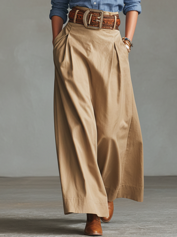 Women's Casual Khaki Cotton Blend A-line Long Skirt (Belt Not Included) MDZ1413D6GMJ