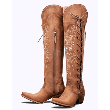 Womens Vintage Embroidered Lace-Up Western Boots