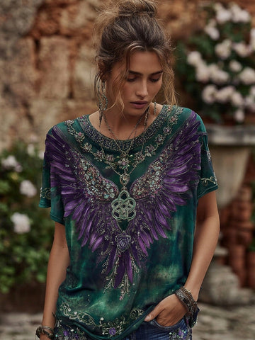 Women's Retro Wings Floral Art Embroidery Cotton Linen T-shirt