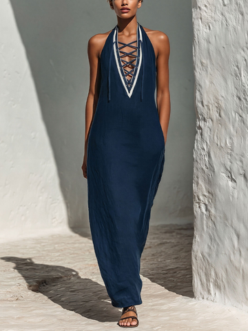 Women’s Navy Blue Linen-Blend Halter Neck Maxi Dress With Lace-Up Front & Contrast Trim MDZ2822D1T