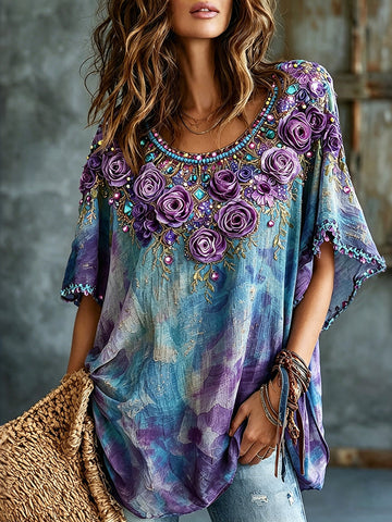 Women's Romantic Floral Art Linen Blend Short Sleeve Tops