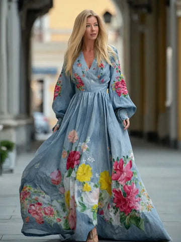 Women's Floral Art Print Linen Blend V-neck Dress