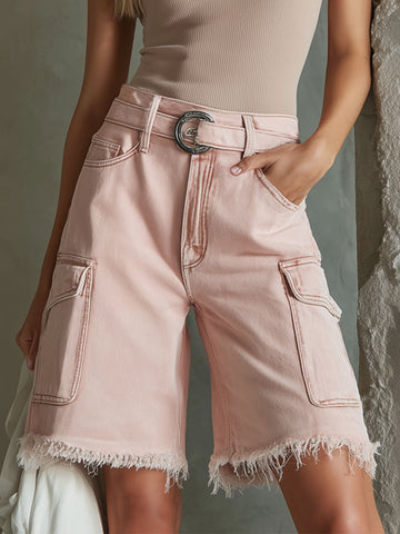 Retro Loose Pink Multi-pocket Denim Shorts