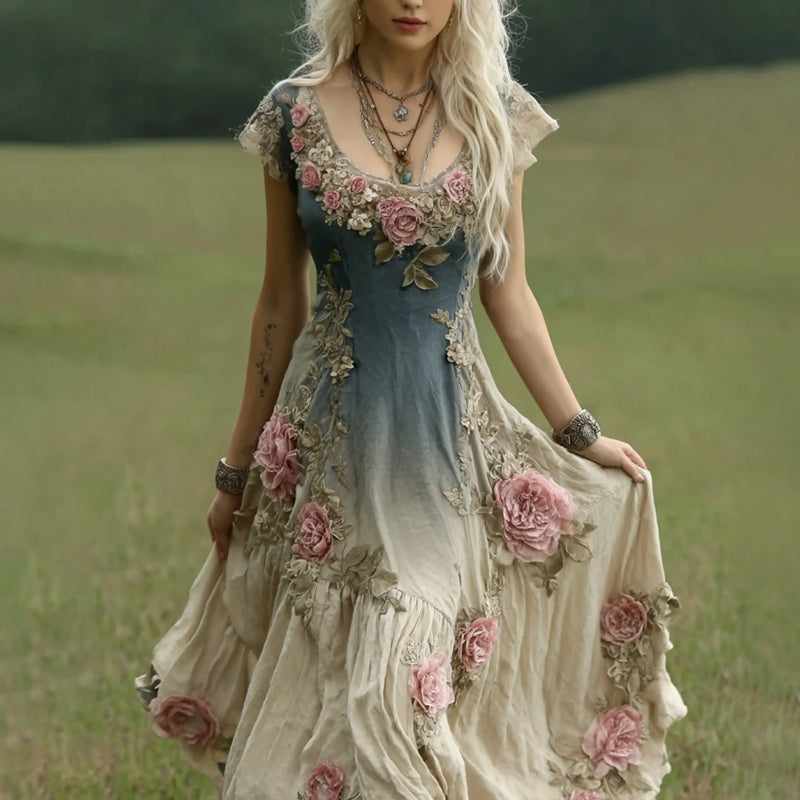 Women's Vintage Roses Art Gradient Print Flowy Linen Blend Casual Short Sleeve Maxi Dress