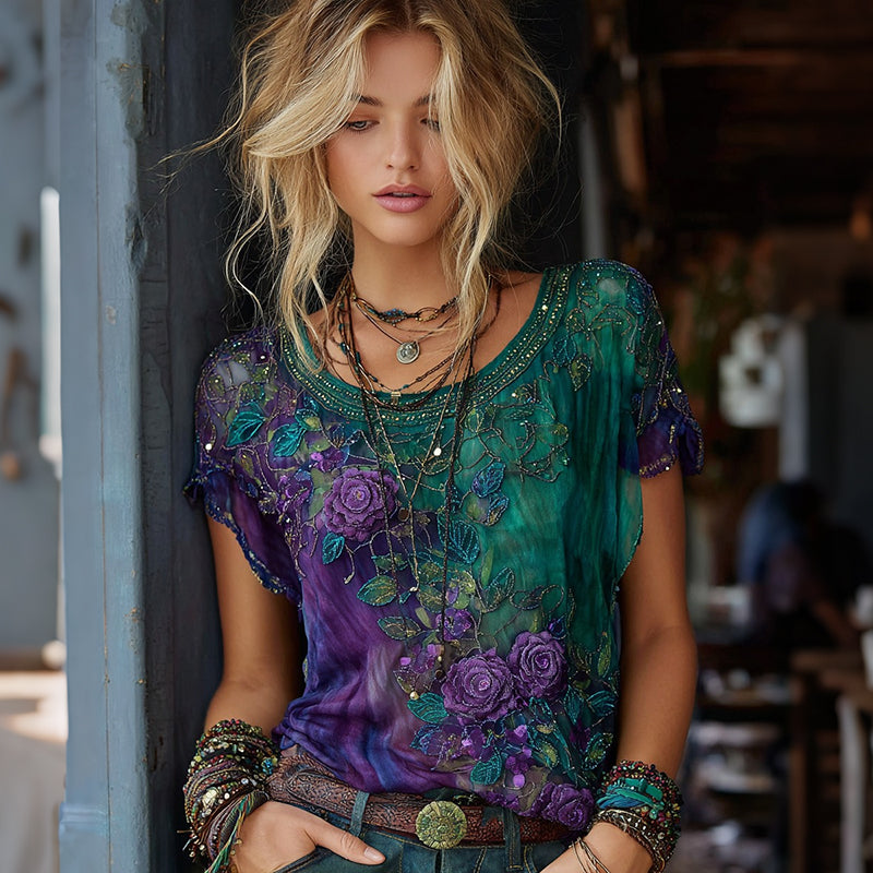 Women's Retro Floral Art Embroidery Casual Cotton Linen T-shirt