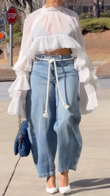 Women's Chiffon Irregular Top & Jeans Casual Set