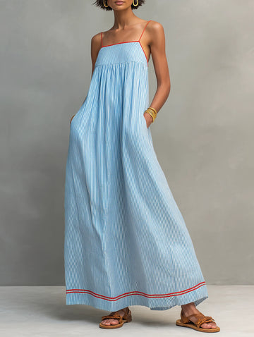 Striped Linen Spaghetti Strap Maxi Dress with Pockets