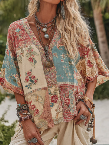 Women's V Neck Boho Floral Art Casual Shirt