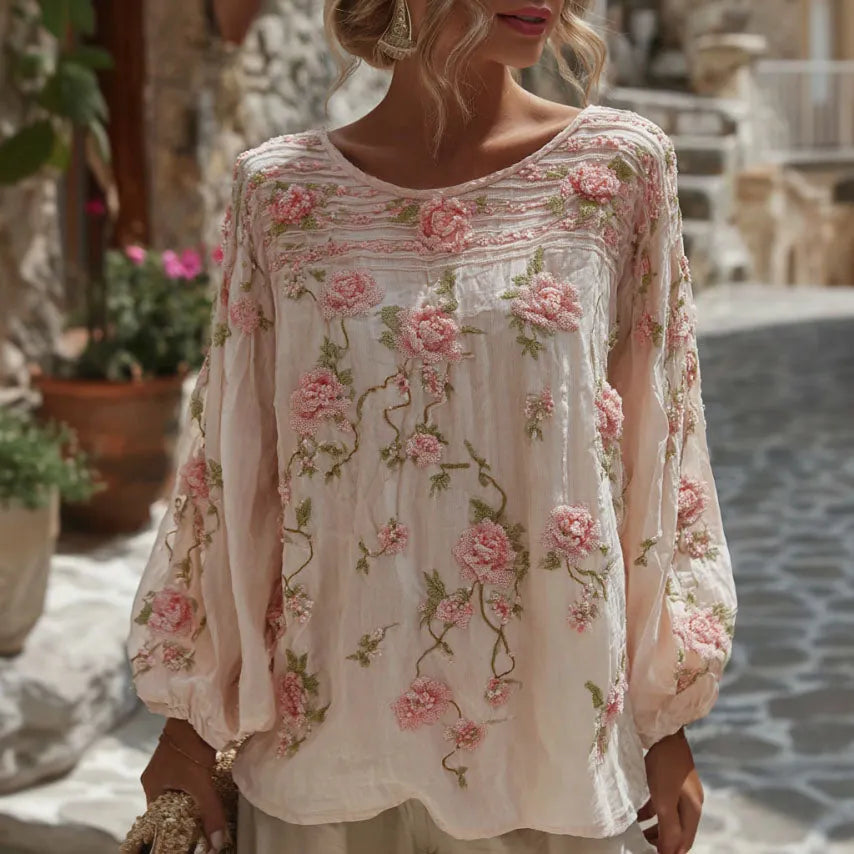 Women's Floral Embroidery Cotton Linen Round Neck Long Sleeve T-shirt