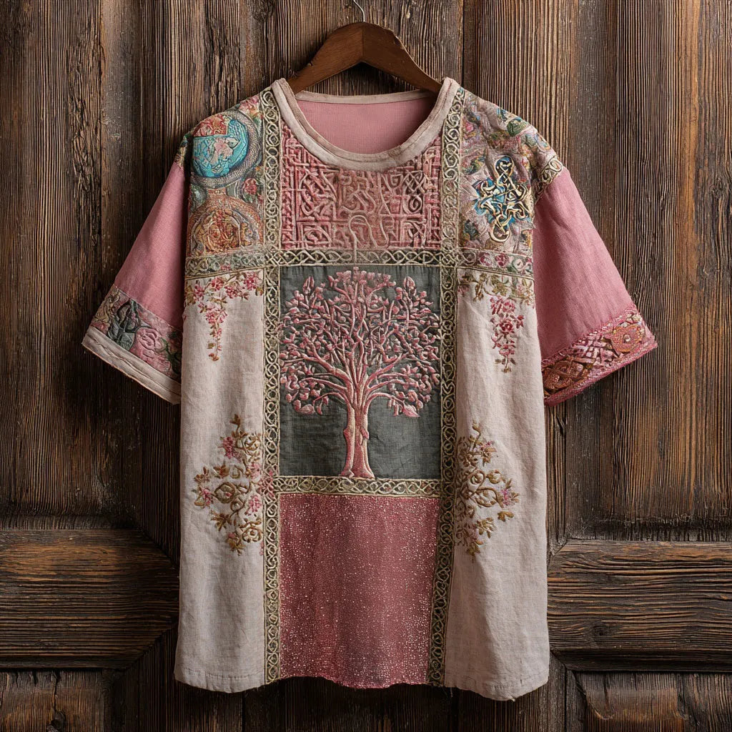 Pink Celtic Tree Of Life Embroidered Patchwork Linen Shirt
