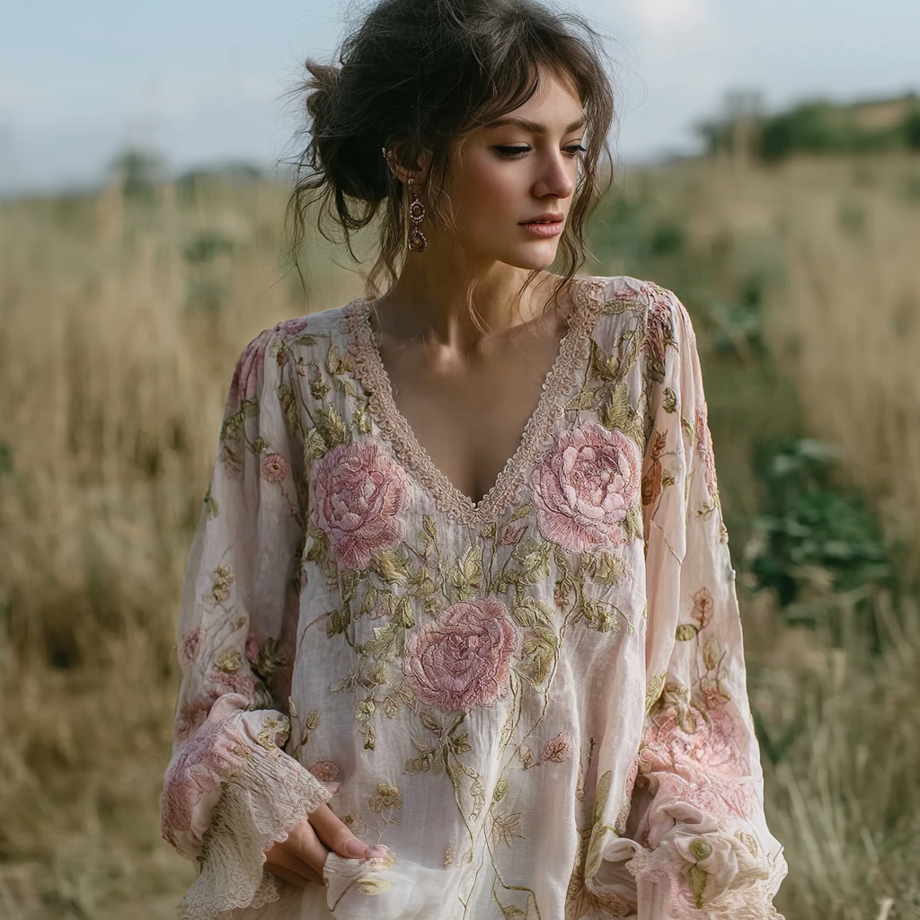 Bohemian Style Pink Floral Design V-neck Long-sleeve Top