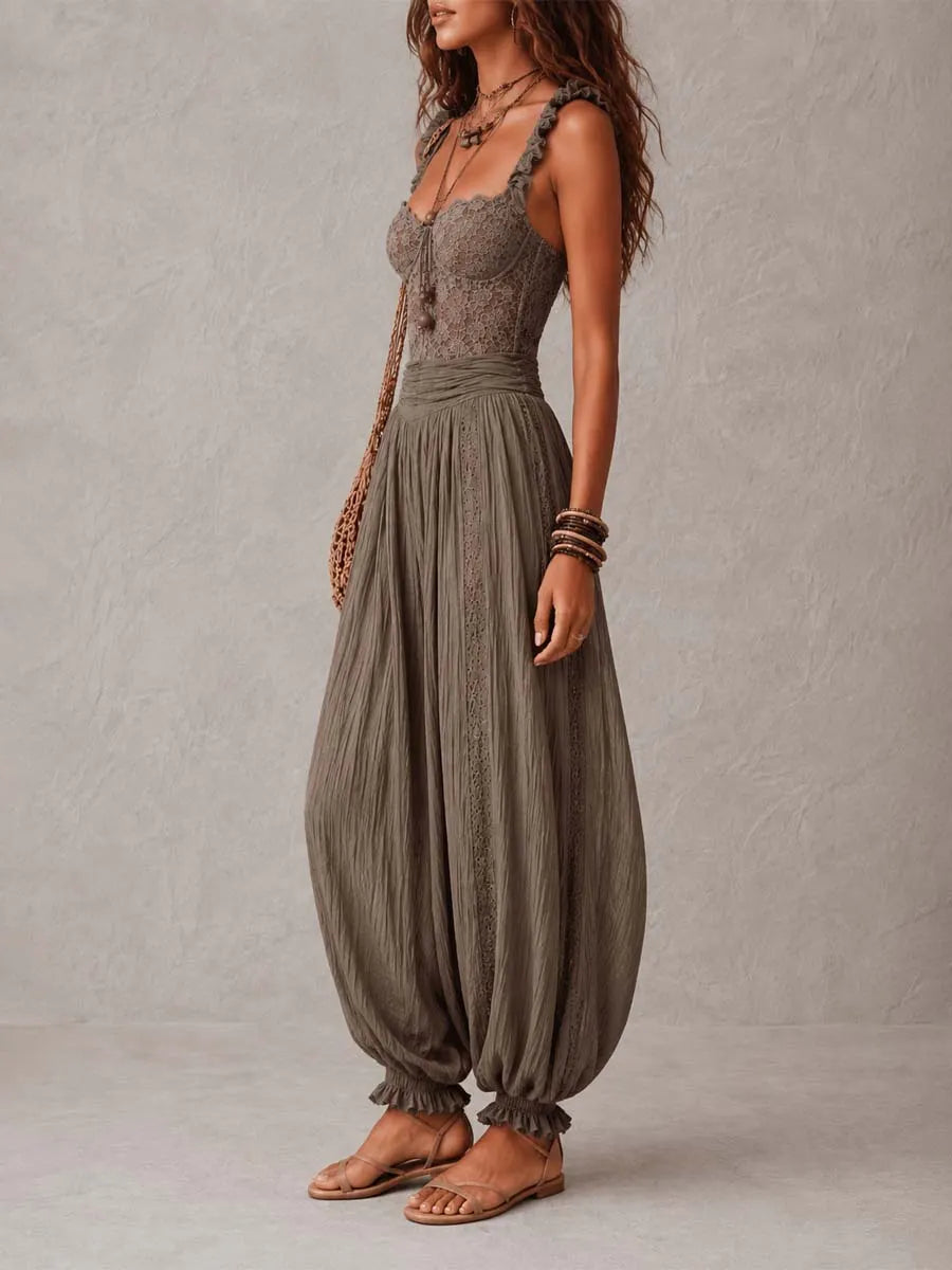 Bohemian Taupe Lace Bustier And Crinkle Cotton Harem Pants Set