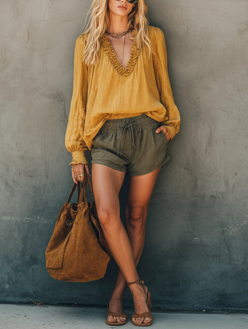 Women's Casual Yellow Cotton-Linen V-Neck Long-Sleeve Top And Olive Green Shorts Set MDZ1527E4LXY