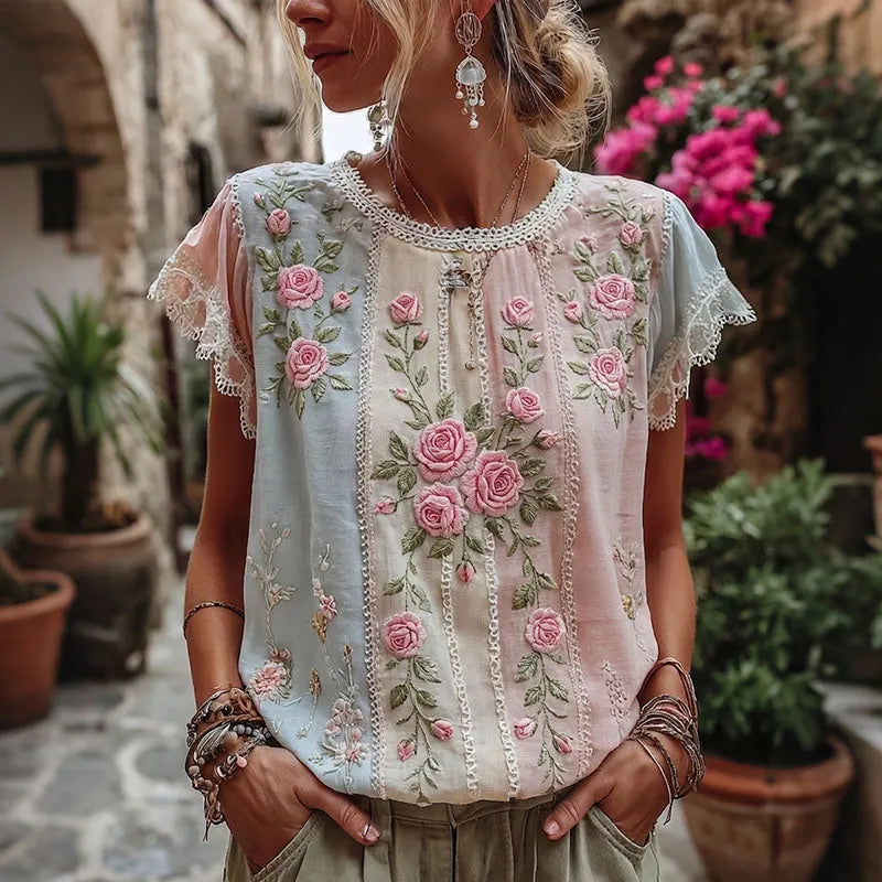 Women's Retro Pink Roses Embroidered Art Patchwork Crew Neck Short Sleeve T-shirt