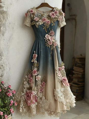 Women's Retro Pink Rose Embroidered Gradient Art Round Neck Short Sleeve Maxi Dress