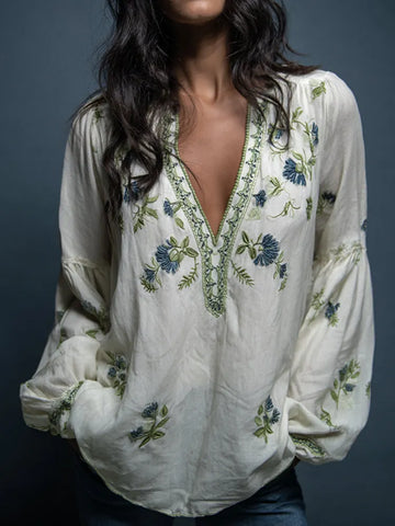 Women's Bohe Floral Embroidered Art Print Flowy Linen Blend Casual Tops