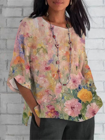 Vintage Oil Painting Flowers Pattern Women's Linen T-shirt