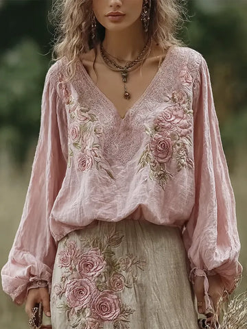 Bohemian Retro Countryside Plant Flower Pattern V-neck Top