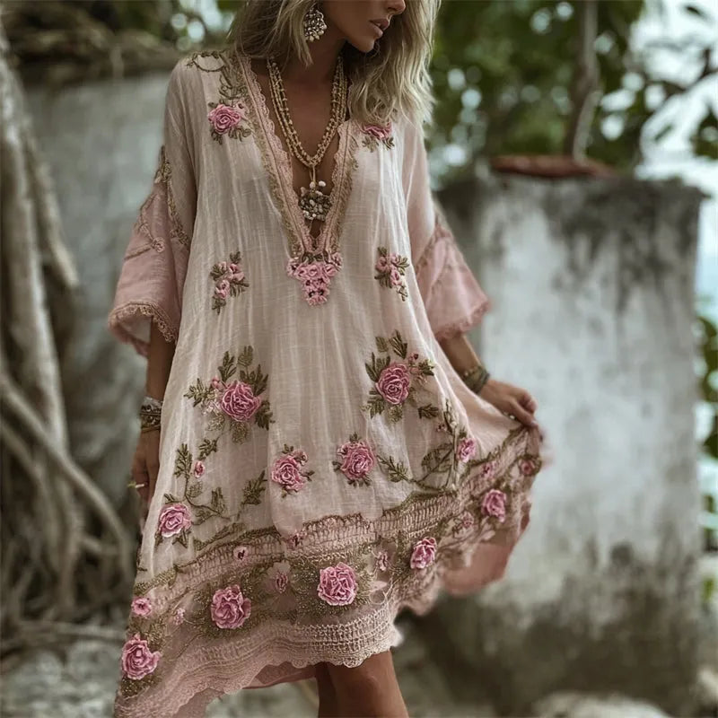 Boho Pink Roses Embroidered Lace Flowy Linen Midi Dress
