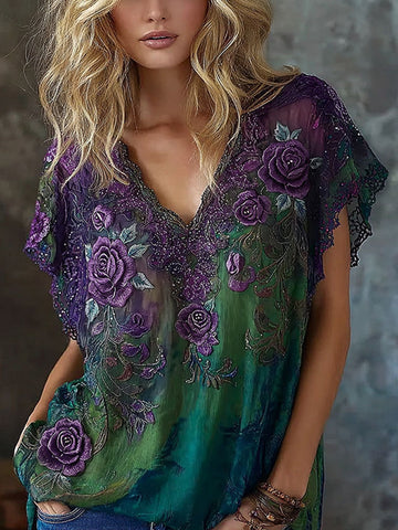 Women's Retro Rose Embroidery Pattern Casual T-shirt
