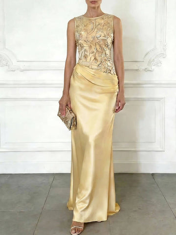 Elegant Yellow Embroidery Satin Crew Neck Sleeveless Sheath Maxi Dress