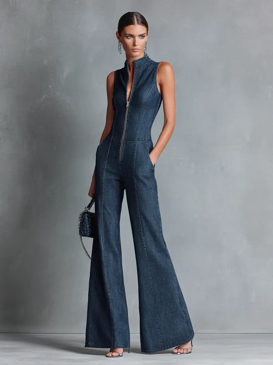 Women's Retro Style Dark Blue Denim Sleeveless High-Neck Flared Jumpsuit With Front Zipper MDZ1239B2BA