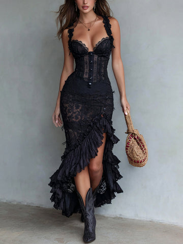 Lace Sheath Dress With Ruffled Hem And Corset Detailing - Black Gothic Midi Dress For Women
