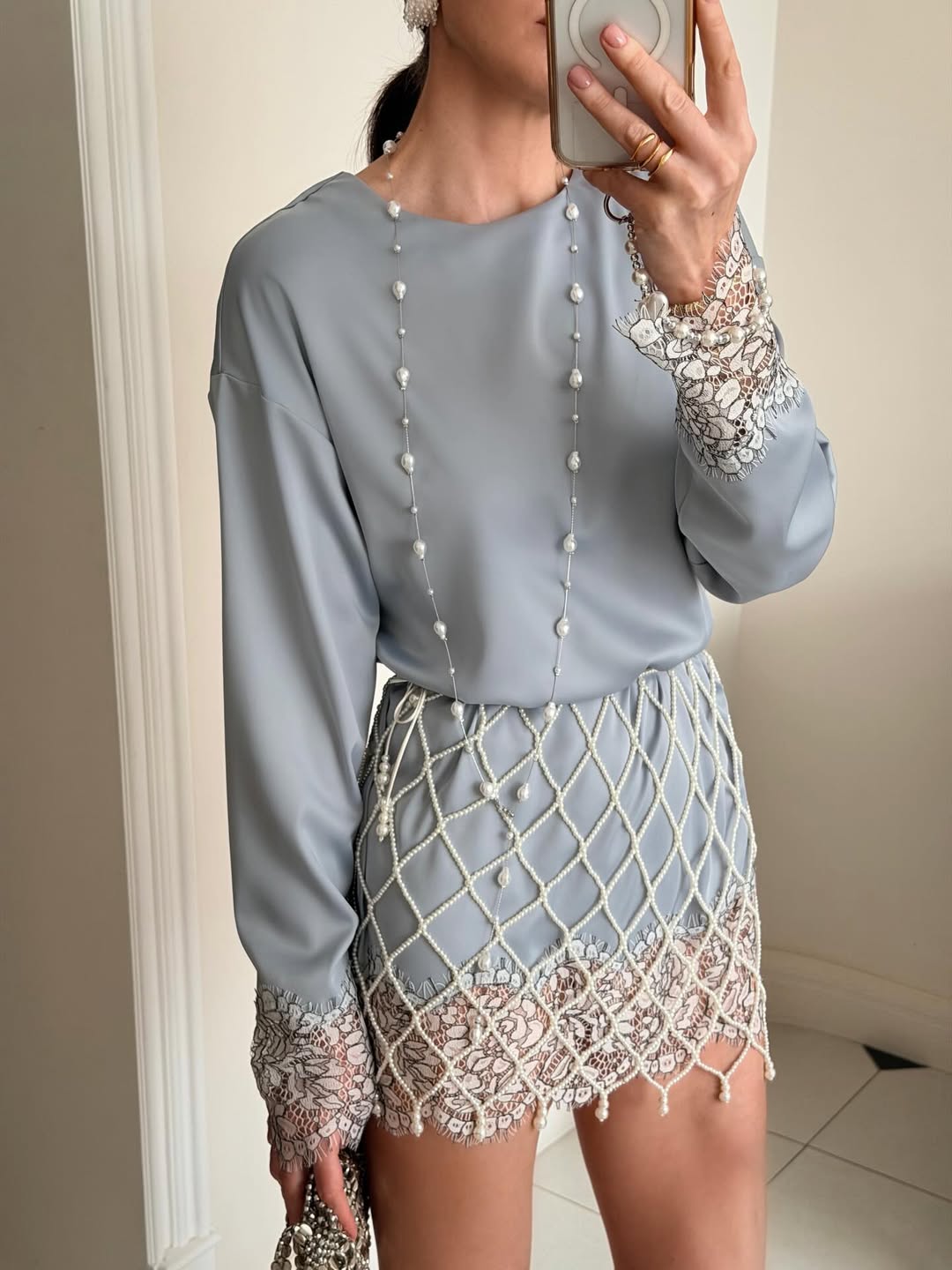 Satin & Lace Paneled Dress with Pearl-Embellished Mesh Belt — Two-Piece Set