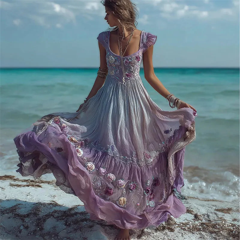 Boho Lavender Floral Dyed Flowy Linen Maxi Dress