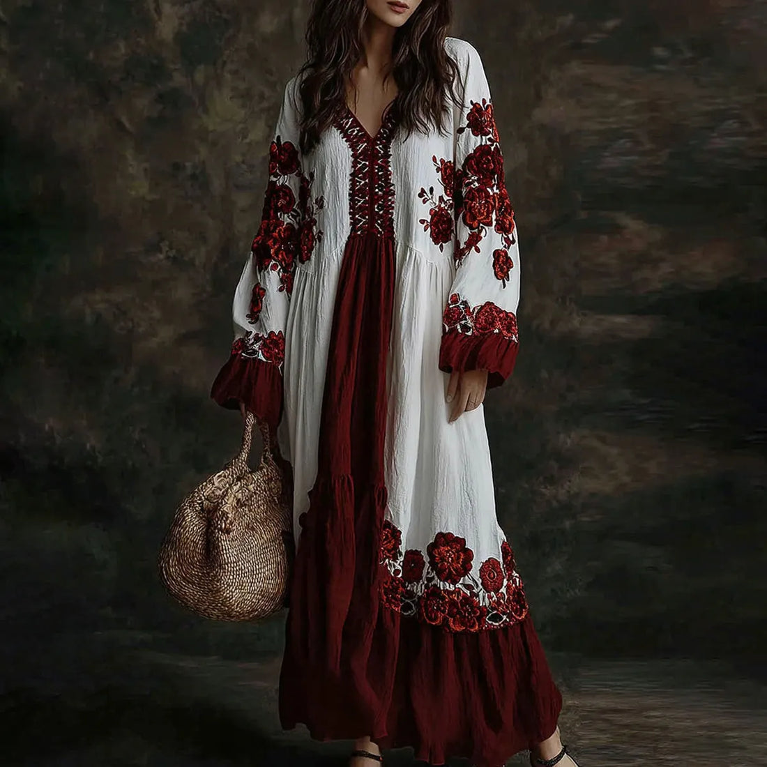 Women's Floral Art Print Flowy Linen Blend Casual Long Sleeve Maxi Dress