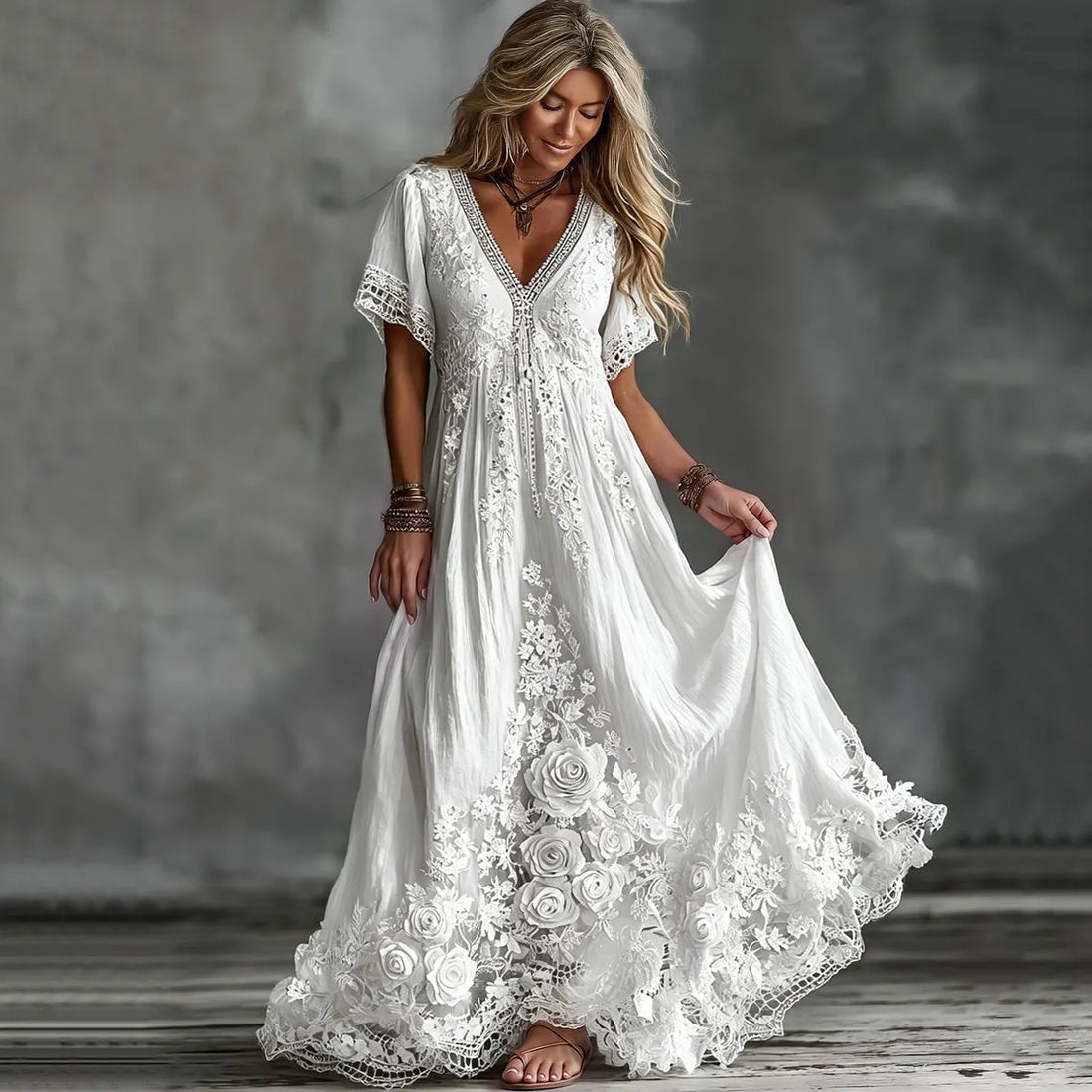 Women's Vintage White Rose Floral Art Linen Blend V Neck Maxi Dress