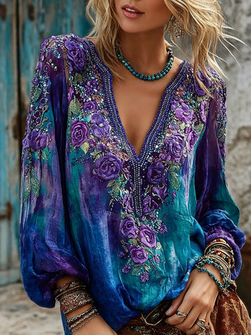 Women's Floral Embroidery Gradient Art Casual Linen Blend V-neck T-shirt