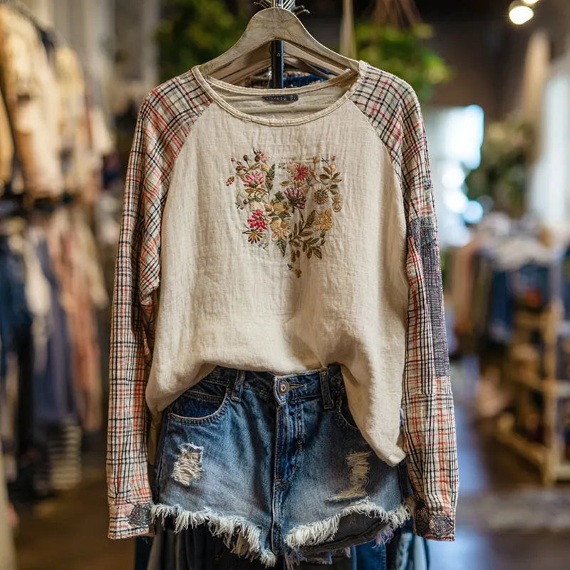 Retro Boho Floral With Plaid Patchwork Pattern Women's Top