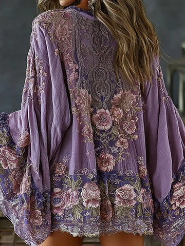 Women's Retro Spring Floral Roses Embroidered Art Print Flowy Linen Blend Kimono